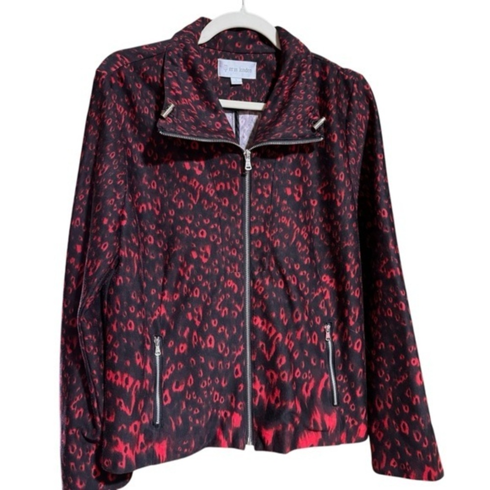 ERIN LONDON EUC size L RED BLACK LEOPARD PRINT ZIPPER JACKET  POLY SPANDEX blend